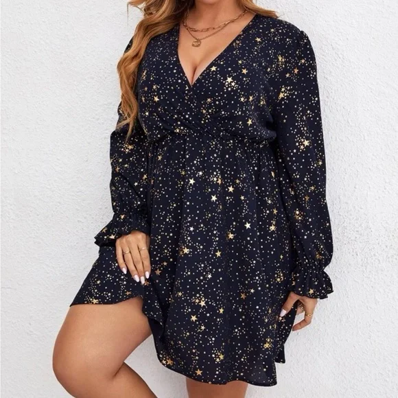 Navy blue gold stars flounce sleeve holidays party dress - Picture 4 of 8